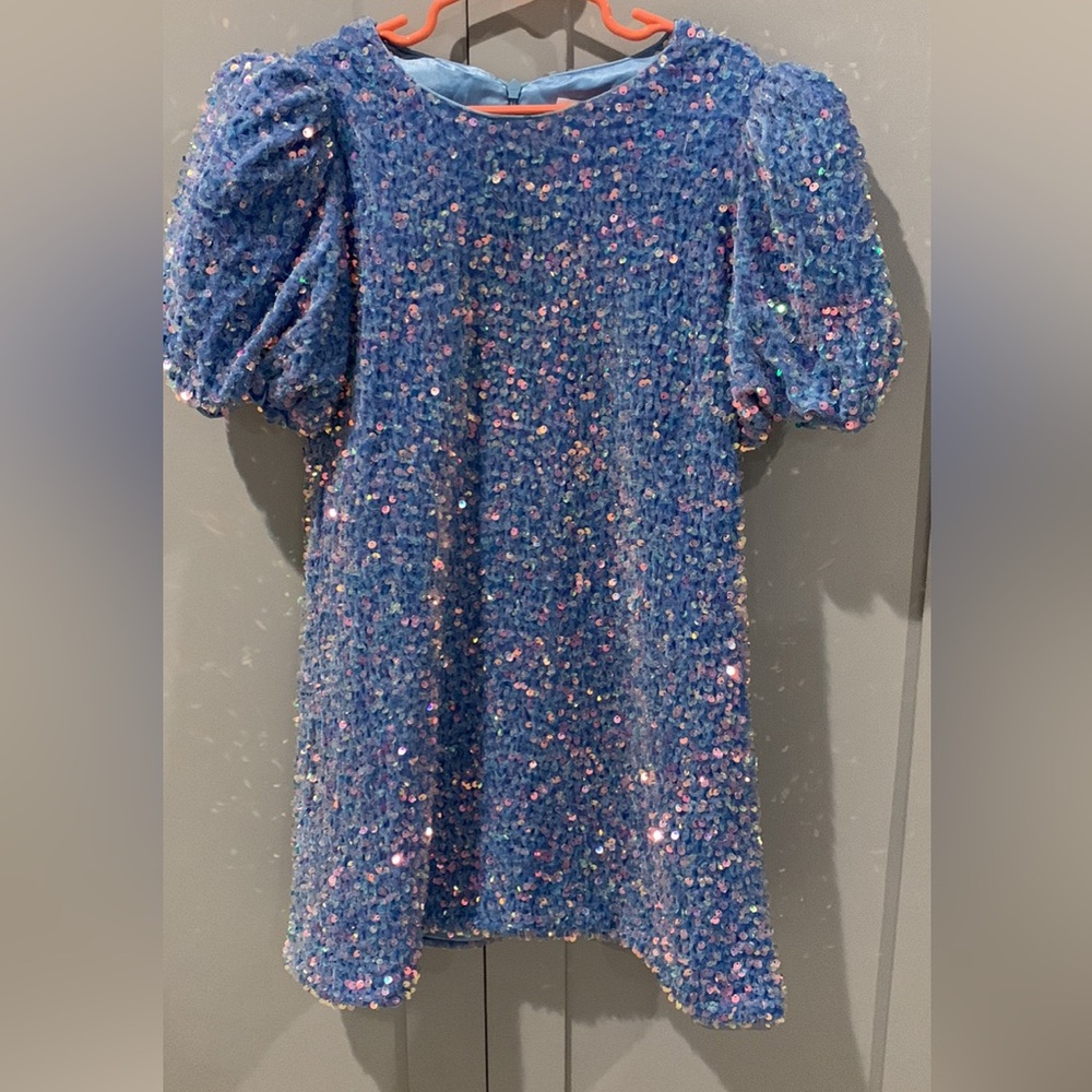 Lola + The Boys Sparkling Blue Sequin Puff Sleeve Dress Like New